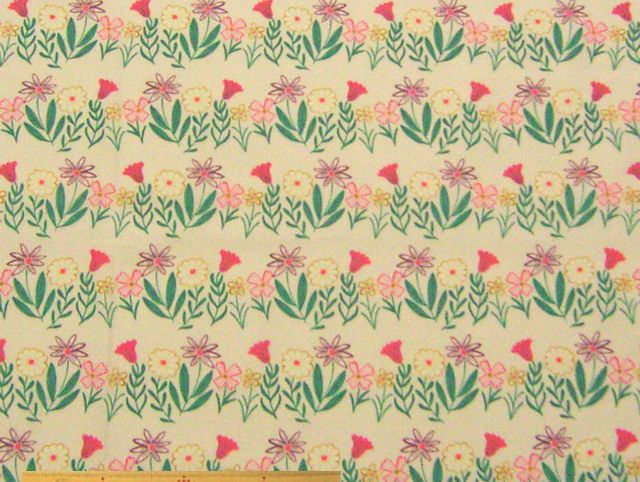 草花ボーダー柄・綿シーチングプリント(生成)