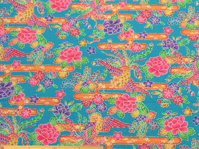 琉球紅型調鳥＆花柄・綿ブロードプリント(ブルー)