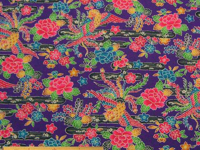 琉球紅型調鳥＆花柄・綿ブロードプリント(ムラサキ)