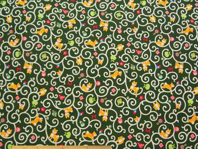 唐草＆柴犬柄・コットンシーチングプリント(グリーン)