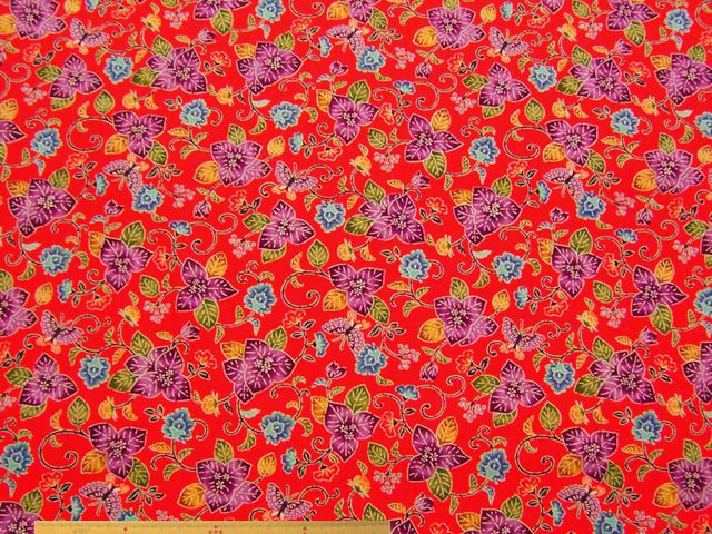 琉球紅型調草花柄・コットンブロードプリント(赤)