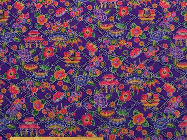 琉球紅型調首里城柄・コットンブロードプリント(ムラサキ)