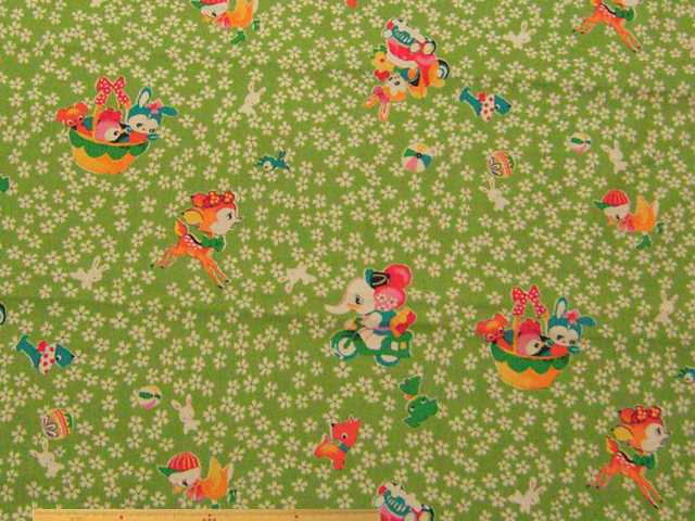 レトロモダン・おもちゃ柄・綿シーチングプリント(グリーン)