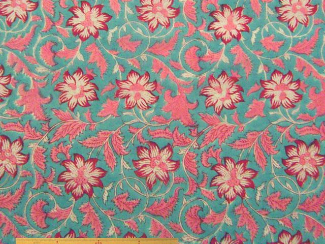 花柄・インド綿ハンドブロックプリント(ブルー系)