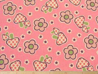 キノコと花柄綿シーチングプリント(ピンク)