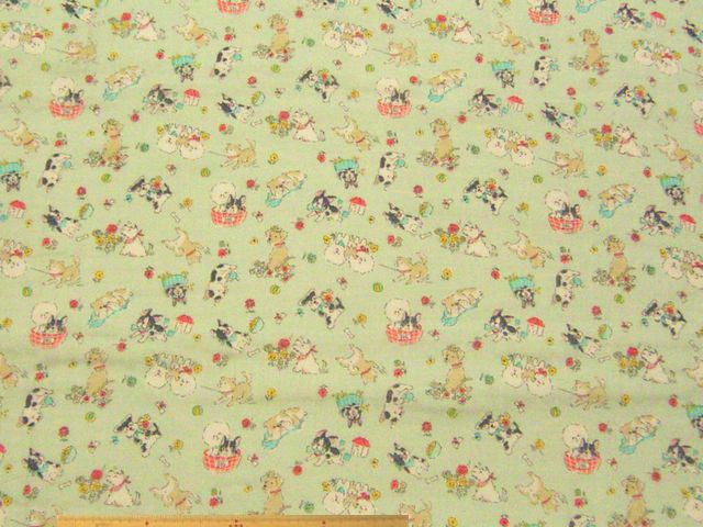 ゆるふわ～DOG柄・椿モイスチャー加工　綿ダブルガーゼプリント(ミントブルー)