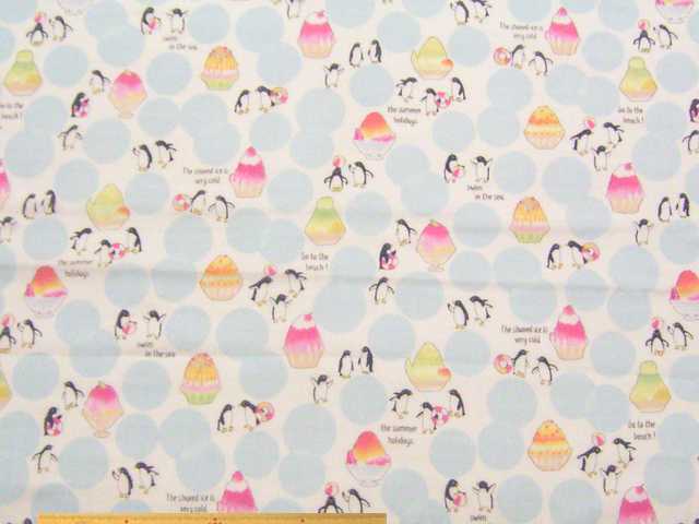 かき氷＆ペンギン柄コットンダブルガーゼプリント(オフ白)