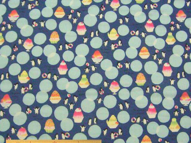 かき氷＆ペンギン柄コットンダブルガーゼプリント(紺)