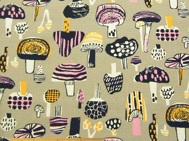 キノコ柄・コットン10番キャンバスプリント(グレー)