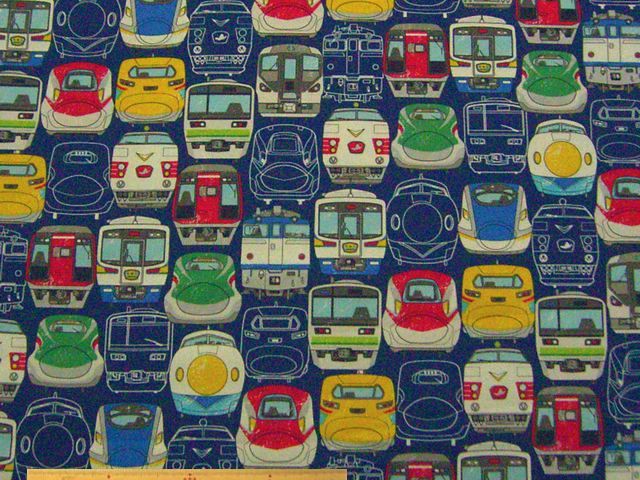 電車柄コットンオックスプリント(ブルー)