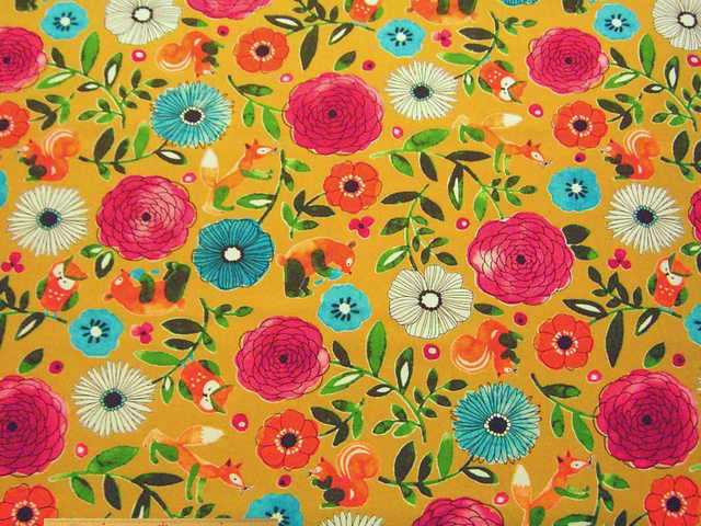 動物＆花柄・綿10番オックスプリント(マスタード)