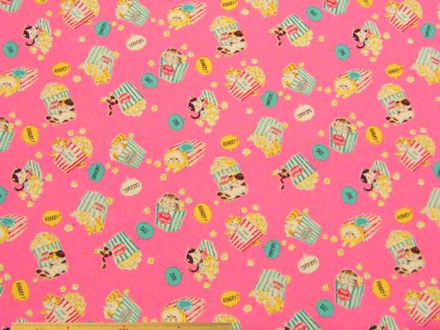 ポップコーン＆ネコ柄・コットンオックスプリント(ピンク)