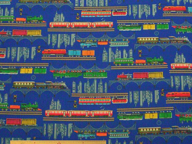 トレイン柄・綿オックスプリント(ブルー)