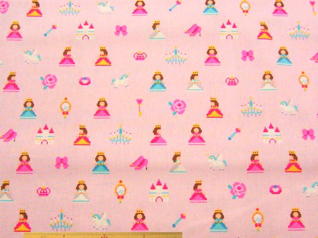 ピクセルアート・プリンセス柄・コットンオックスプリント(ピンク)