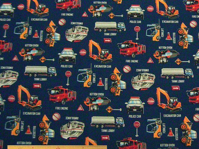 はたらくクルマ柄コットンオックスプリント(ネイビー)