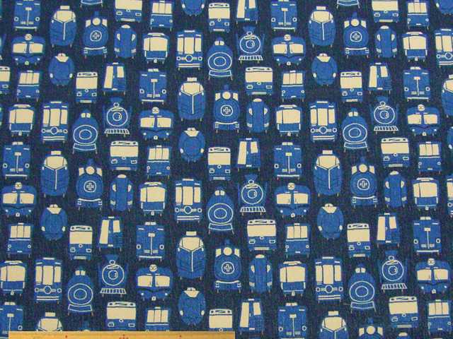 デニム調電車柄・綿オックスプリント(ネイビーブルー)