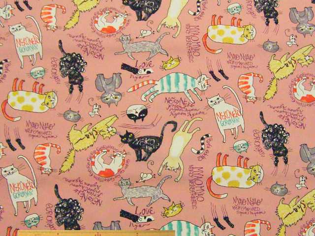 ネコ柄・綿オックスプリント(ローズピンク)