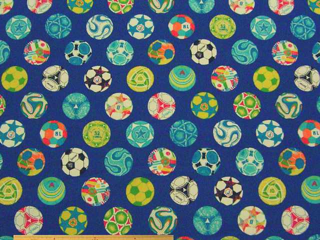 サッカーボール柄・綿オックスプリント(ブルー)