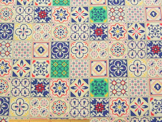 moroccan cat タイル＆ネコ柄・コットンオックスプリント(ブルー)