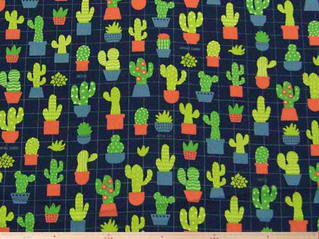 サボテン柄・綿オックスプリント(紺)