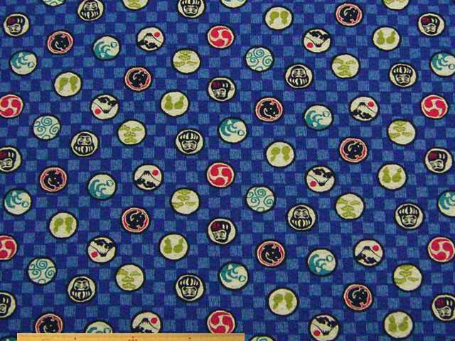 市松＆富士山＆ダルマ・和調和調コットンリップルプリント(ブルー)