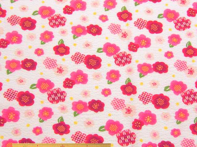 椿の花柄コットンリップルプリント(ホワイト)