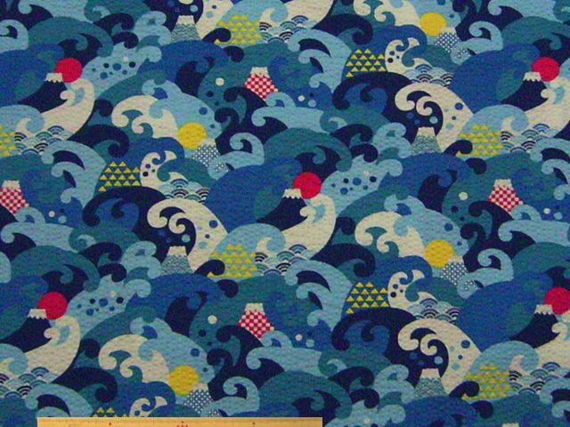 白波＆富士山柄・コットンリップルプリント(ブルー)