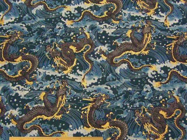 波と龍柄・綿ツムギ風和調プリント(ブルー)