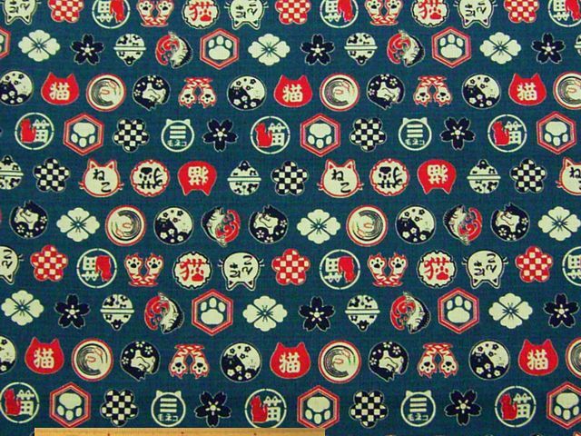 ネコ紋様・綿ドビークロス和調プリント(藍色)