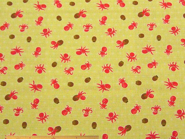 タコつぼとタコ柄・綿ドビークロス和調プリント(黄緑)