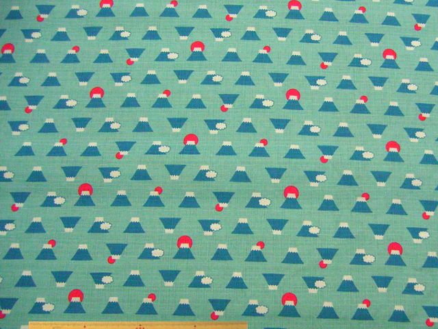 日の出＆富士山柄・綿ドビークロス和調プリント(水色)