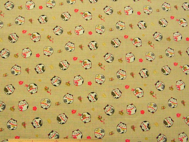 ネコダルマ柄・コットンドビー和調プリント(ベージュ)