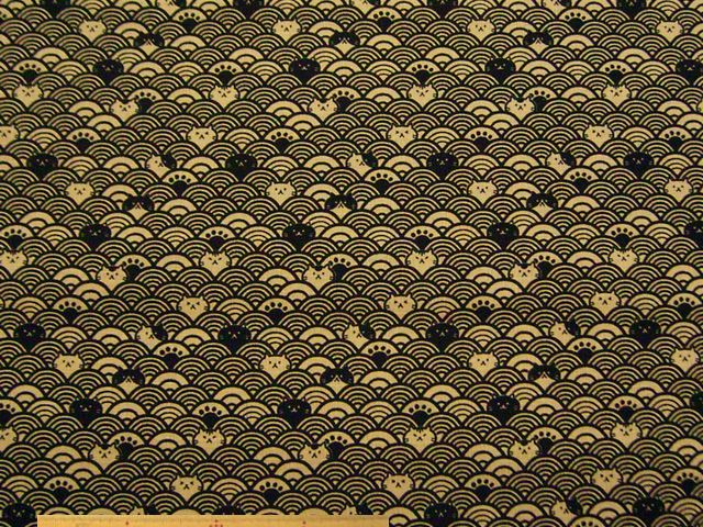 青海波ネコ柄・綿ドビー和調プリント(ブラック)