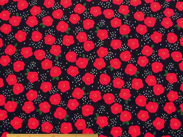 椿柄・綿ドビー和調プリント(黒)