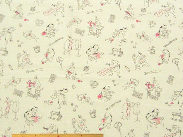 ソーイング鳥獣戯画・綿ツムギ風和調プリント(オフホワイト)