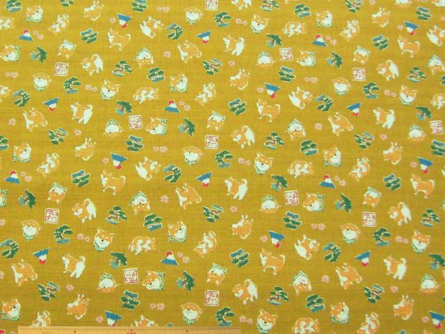 和調・柴犬柄コットンドビーツムギクロスプリント(カラシ)