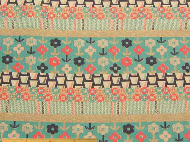 北欧調花柄ボーダー・綿麻キャンバスプリント(水色)