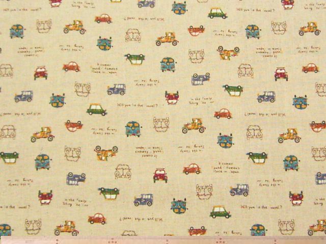 クルマ柄綿麻キャンバスプリント(キナリ)