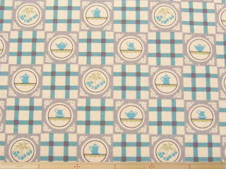 チェック＆キッチン柄・ハーフリネンキャンバスプリント(ブルー)