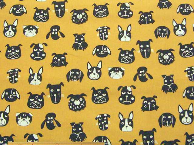イヌ柄・綿麻キャンバスプリント(マスタード)