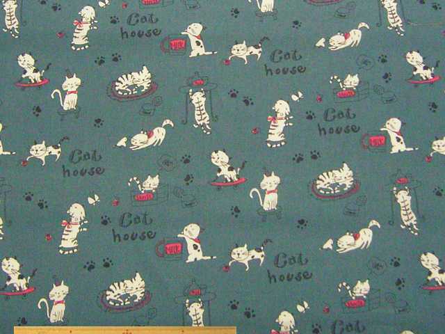 ネコ柄・綿麻キャンバスプリント(ブルーグレー)