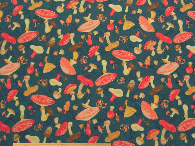 キノコ柄・綿麻キャンバスプリント(ブルー)