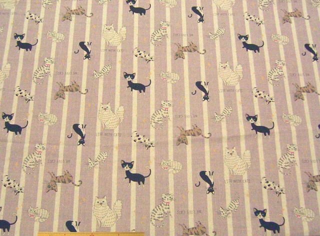 ストライプ＆ネコ柄・綿麻キャンバスプリント