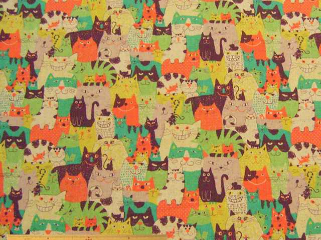 カラフルネコ柄・綿麻キャンバスプリント