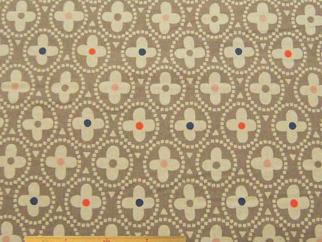 北欧調フラワーモチーフ幾何柄・綿麻キャンバスプリント(グレーベージュ)