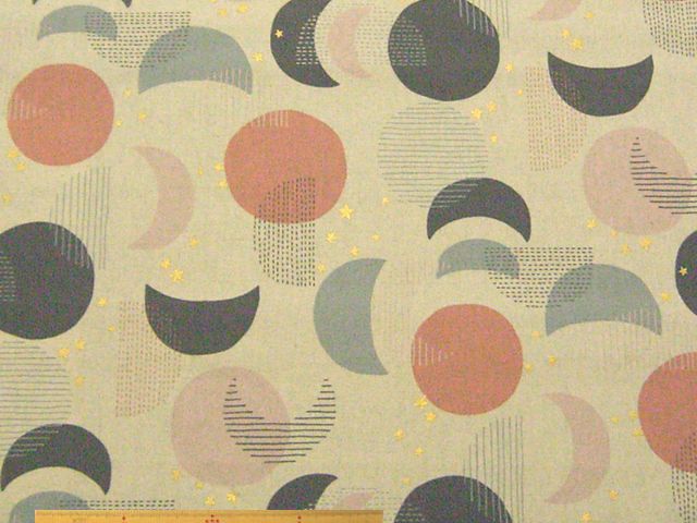 月と星柄・ラメ入り綿麻キャンバスプリント(生成)