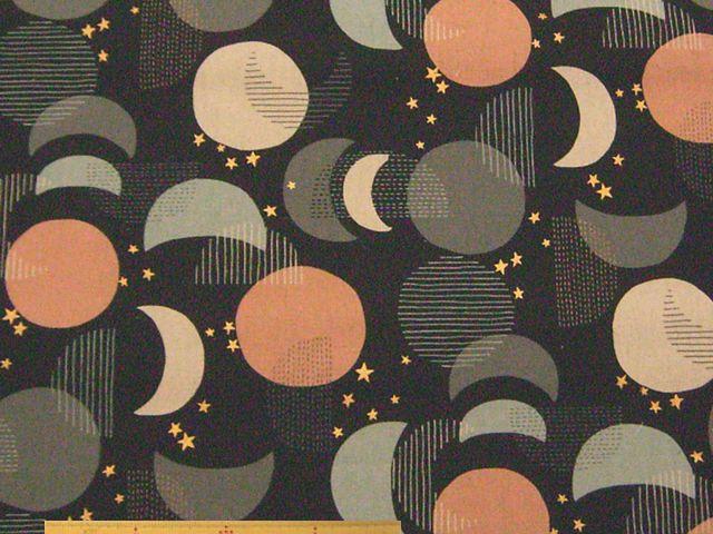 月と星柄・ラメ入り綿麻キャンバスプリント(黒)