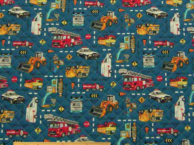 はたらくクルマ柄・コットンオックスプリントキルト(ブルー)