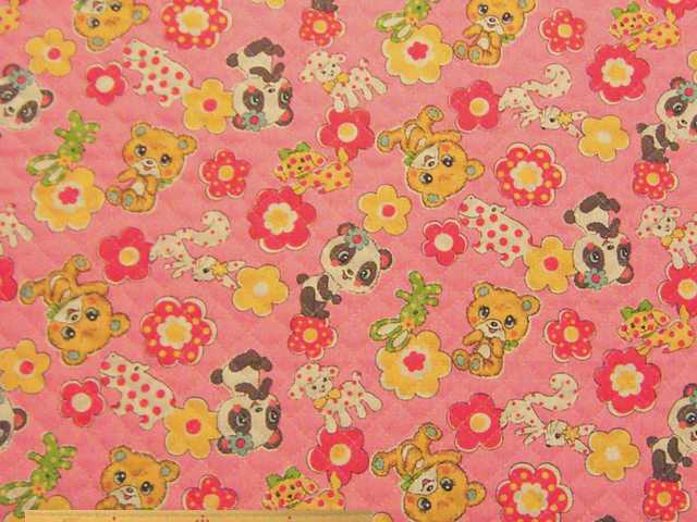メルヘン調パンダ＆クマ柄・綿麻キャンバスptキルト(ピンク)