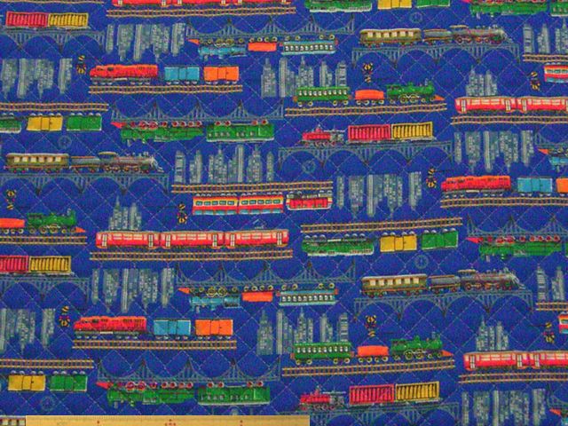 トレイン柄・コットンオックスプリントキルト(ブルー)